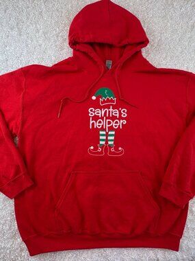 Gildan Santa’s Helper Graphic Hoodie Red Christmas Sweatshirt L Large
